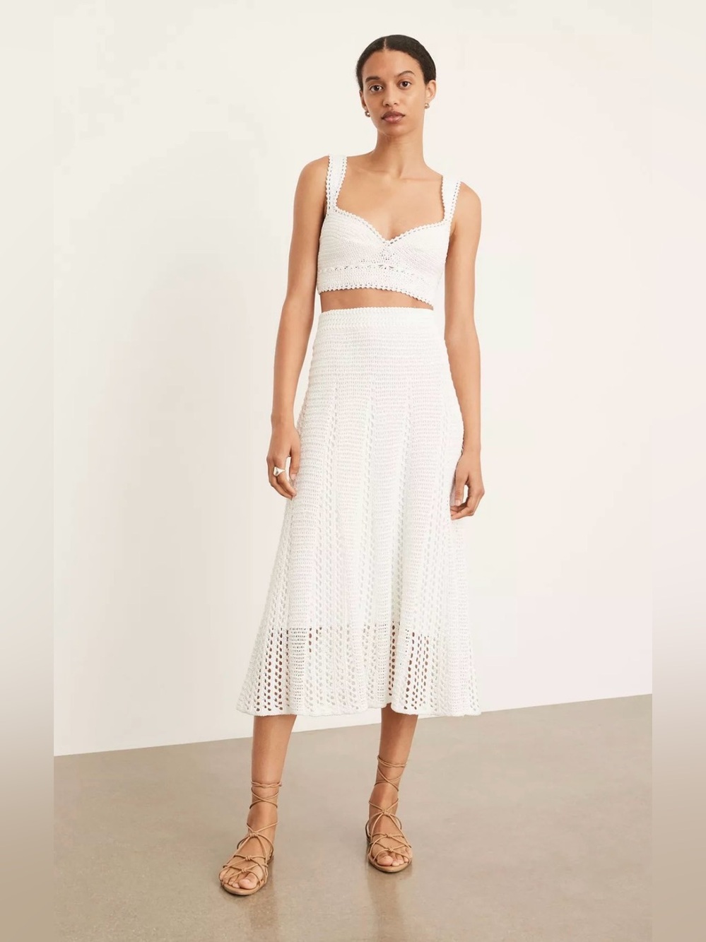 Vince. Medium 6 8 10 Organic Cotton Godet Crochet Midi Skirt High Rise Macrame